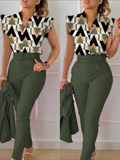Spring Summer Women's New Printed Lotus Leaf Sleeveless Shirt Suit Elegant Slim Femal Office  Long Pants Belt Two Piece Set