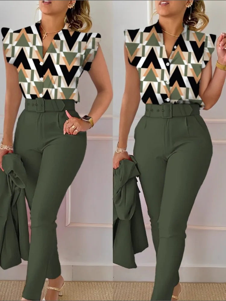 Spring Summer Women's New Printed Lotus Leaf Sleeveless Shirt Suit Elegant Slim Femal Office  Long Pants Belt Two Piece Set