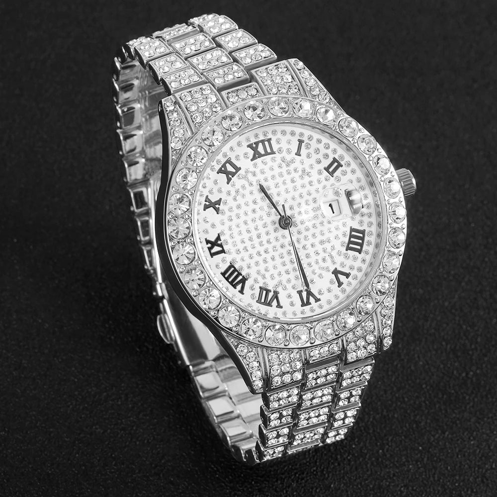 3pcs Men's Silver Watch Set Hip-hop Punk Inlay Diamond Watch+Cuban Chain+Bracelet Comes With Strap Adjuster Stylish Jewelry Gift
