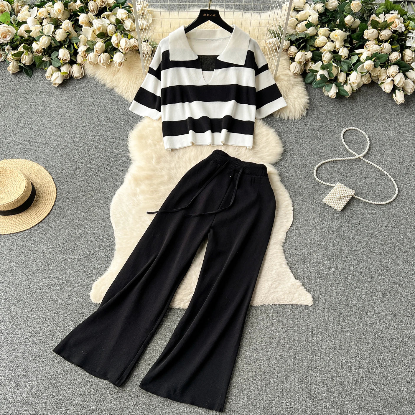 Women Sweater Pant Set Casual Pullovers Suits Autumn Winter Knitted Loose Long Sleeve Striped Elegance Tops Elastic Sweaterpants