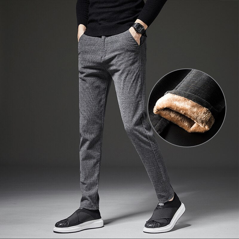 2022 Winter Men&#39;s Fleece Liner Thicken Warm Pants Trendy Elegant Business Casual Plaid Stripe Cotton Slim Fit Trousers New