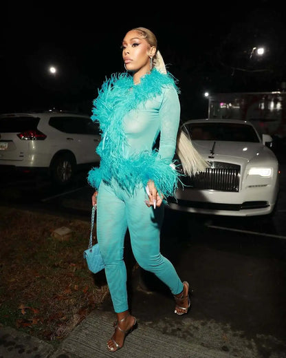 CM.YAYA Fashion Mesh See Though Women's Set Feather Side Long Sleeve Crop Top and Legging Pants  Sexy Two 2Piece Sets Outfit