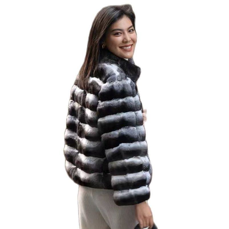 2023 New women's Chinchilla striped jacket Real Rex Rabbit fur fur all-in-one fur coat coat length 60cm package mail winter thic