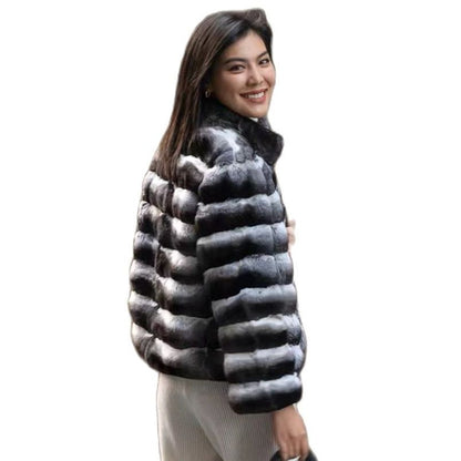 New women's Chinchilla striped jacket Real Rex Rabbit fur fur all-in-one fur coat coat length 60cm package mail winter thic