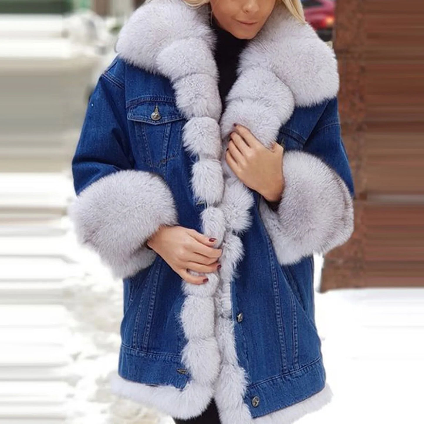 Fashion faux fur coat Autumn and winter Women's long-sleeved leather fur denim Medium coat Splicing Fleece Jackets Warm Overcoat