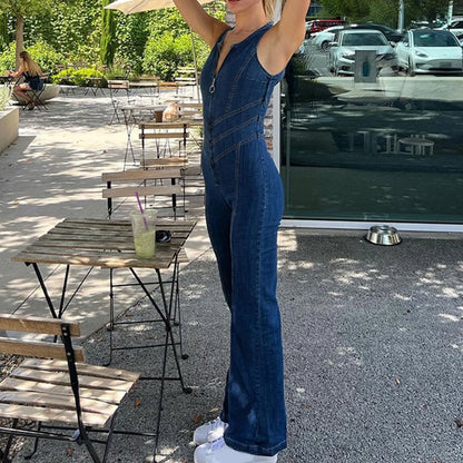 Women Fashion Sleeveless Denim Jumpsuit Zipper Playsuits High Waist Back Heart Pattern Jumpsuit For Women  Summer Streetwear