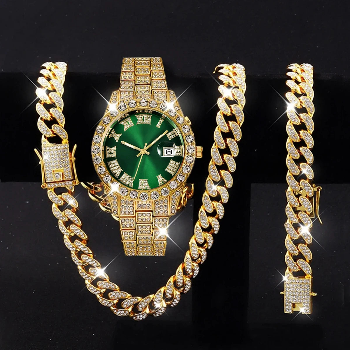 3PCS/Set Luxury Diamond Men's Watches Fashion Roma Dial Stainless Steel Band Quartz Watch Jewelry Set Reloj Hombre（Without Box）