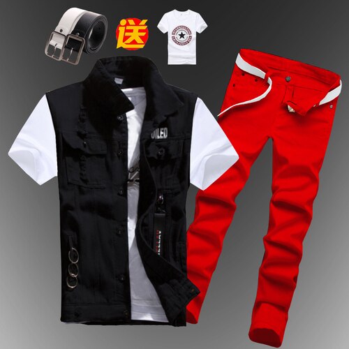 Mens Boys Casual Denim Vest Sleeveless Waistcoat Summer Jeans Pants Trousers Slim Fit Two Piece Set Summer