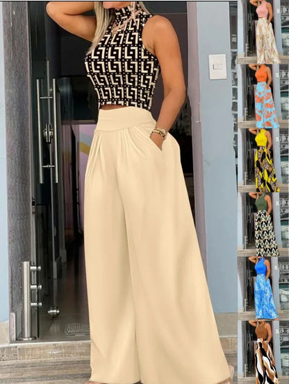 Women Two Piece Pant Sets Sleeveless Turtleneck Tops Pockets Wide Leg Pants High Waist Trousers Suit Elegant Office Ladies