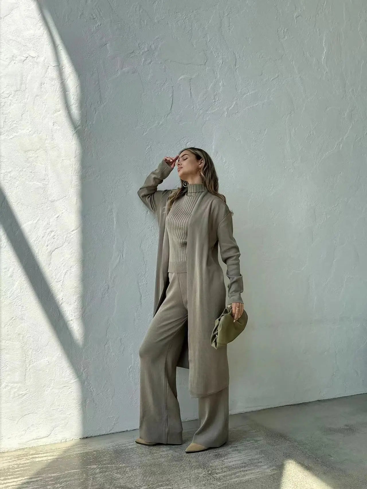 2024 Winter Knitted Half High Collar Pullover Set Women Casual Pant Sets Loose Cardigan Elegant Fashion Spring Autumn New 3 Pcs