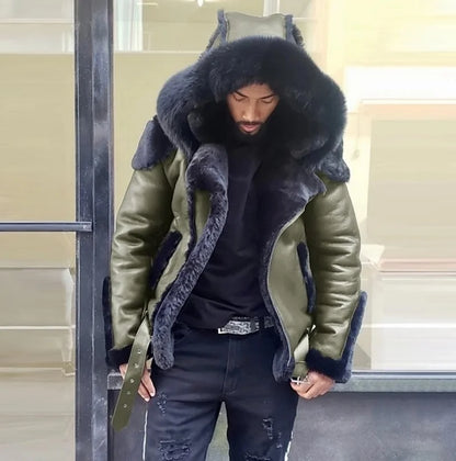 New Men's Leather Coat Winter Large Size Jacket with Fur Collar and Long Sleeve Wool Lining Casual Men's Jacket