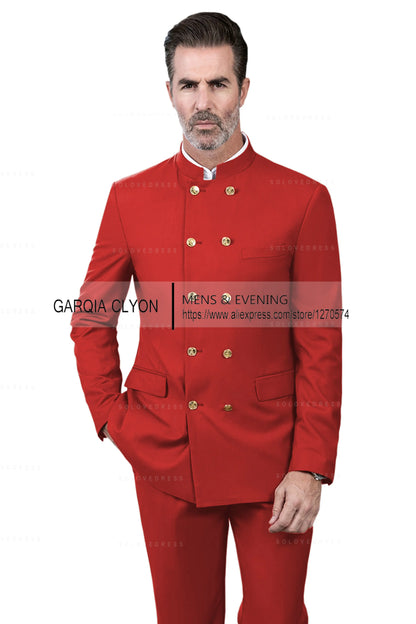 2 Piece Stand Collar Double-Breasted Chinese Style  Men's Suits With 3 Real Pocket Wedding SuitsTailored Fit (Blazer+Pants)