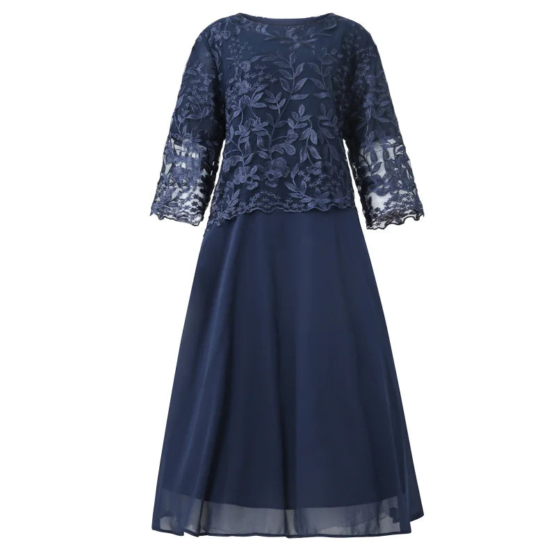 4XL 5XL Übergröße Damen Kleidung 2024 Frühling Sommer Stickerei Falsche Zweiteilige Partykleid für Hochzeitsgast Kirchenkleid