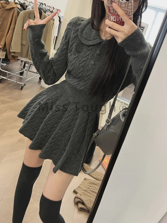 Autumn Kawaii Knitted Two Piece Skirt Set Women Vintage Sweater Party Mini Skirt Suit Female Korean Fashion Sweet Retro Set 2023