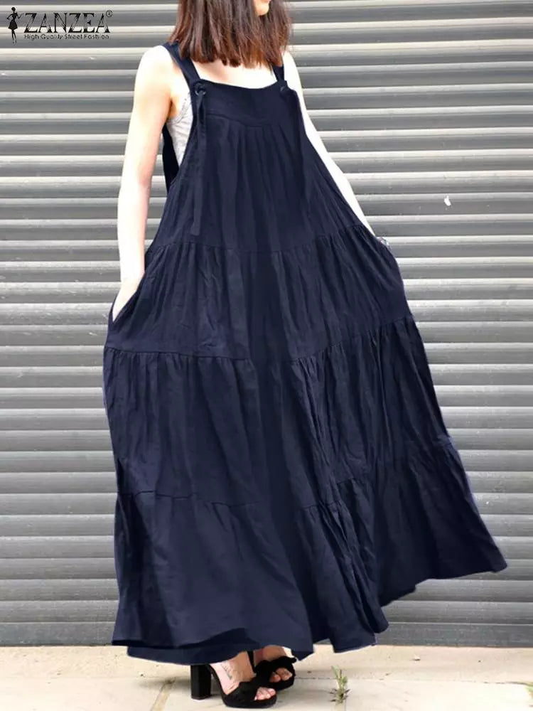 ZANZEA Vintage Women Solid Maxi Dress Summer Sundress Casual Straps Ruffles Vestidos Sarafans Loose Holiday A Line Robe Femme