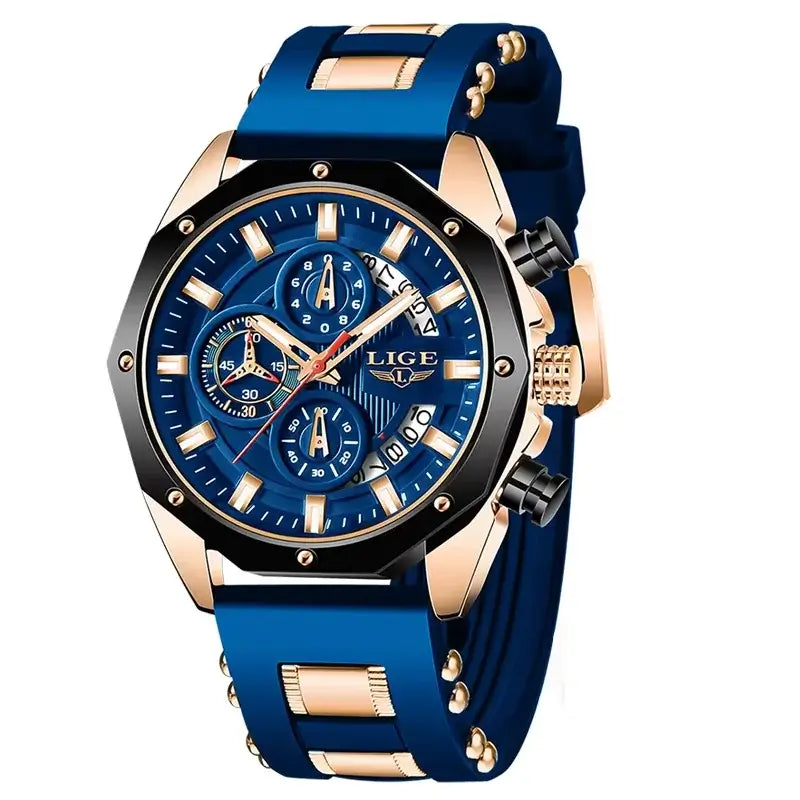 LIGE Casual Sport Men Watch Luxury Quartz Men Watches Military Silicagel Wristwatch Fashion Waterproof Chronograph Watch for Men in blue and gold.