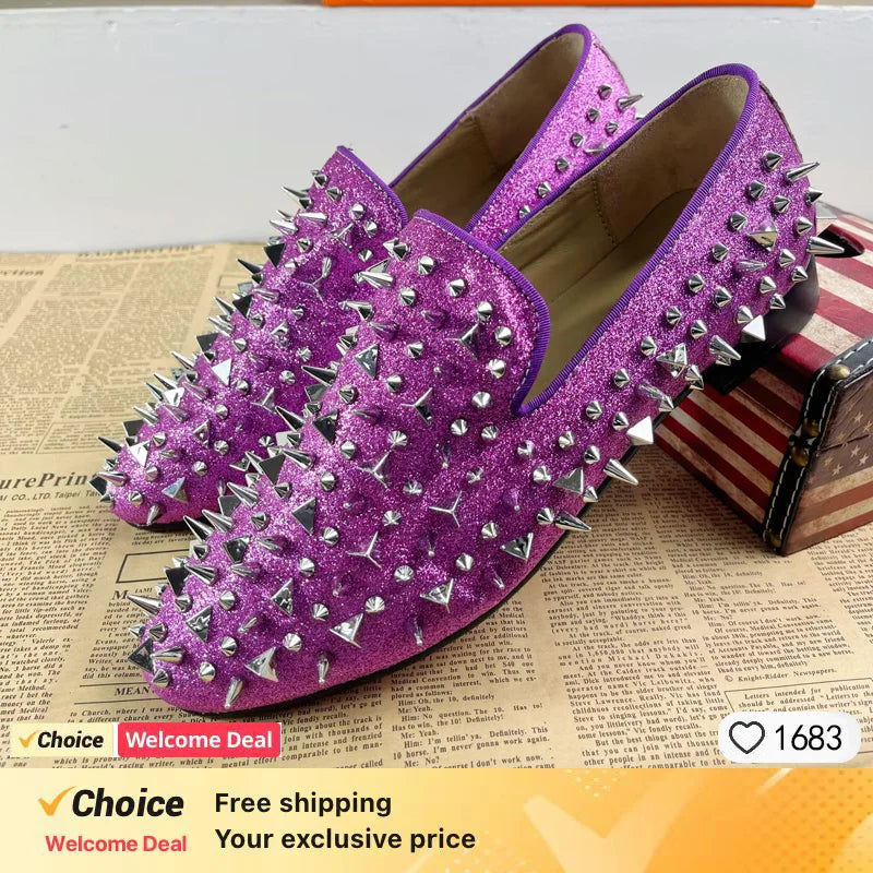 Fashion Blue Bling Spikes Loafers Shoes For Men Luxury Handmade Slip On Mens Dress Shoes Wedding Shoes