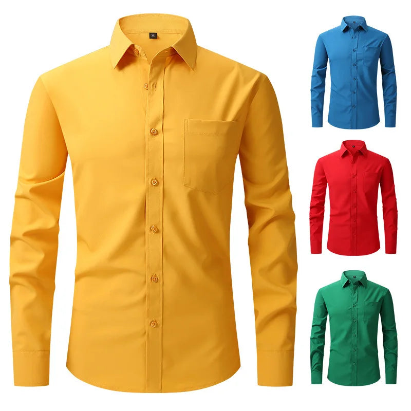 Men's White Blue Yellow Red High Quality Shirts Spring New Regular Fit Long Sleeve Shirt Men Formal Wedding Elastic Shirt Male