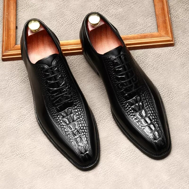 Crocodile Pattern Genuine Leather Mens Fashion Business Office Dress Shoes Italian Black Square Toe lace up Formal Oxfords Shoe