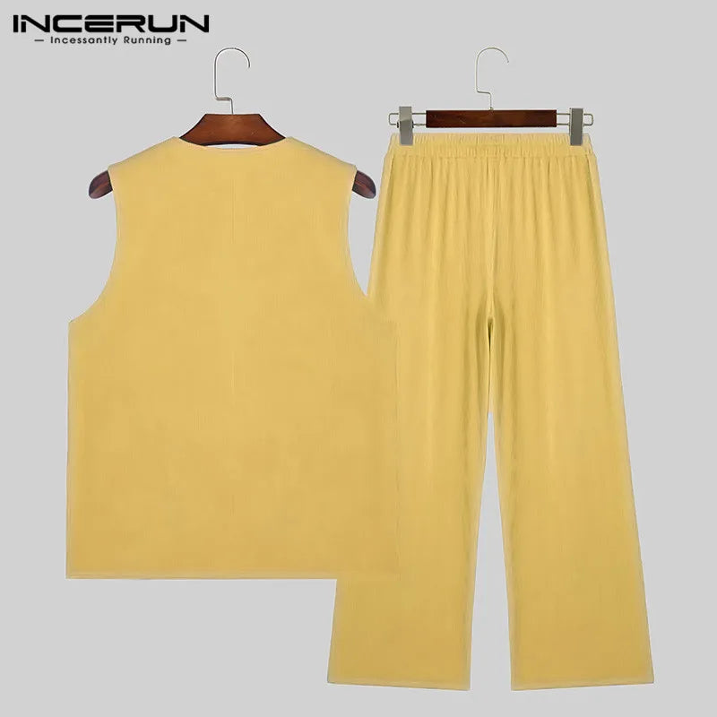 INCERUN Men Sets Solid Color Streetwear O-neck Sleeveless Tank Tops & Pants 2PCS Summer Loose Fashion Men's Casual Suits S-2XL