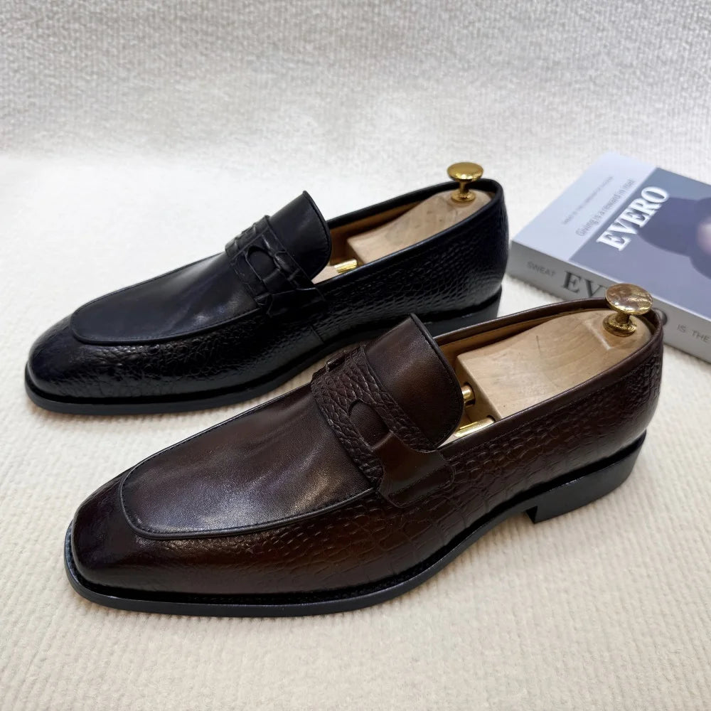 Luxus-Herrenschuhe aus echtem Leder mit Krokoprägung, Hochzeits-Loafer, Business-Büro-Slipper mit Doppelschnalle