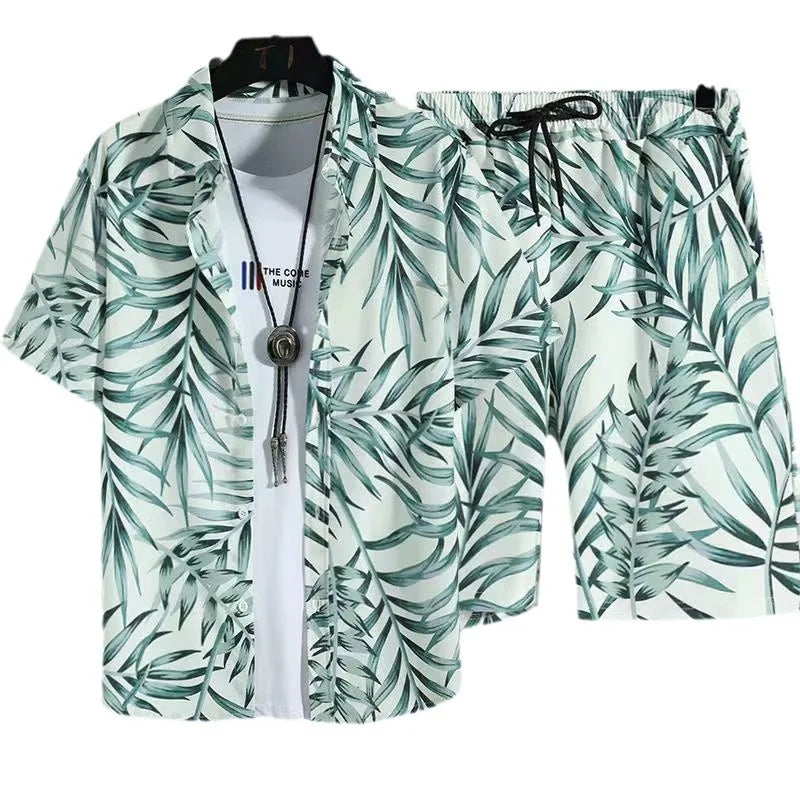 Comfortable flower grass leaf coconut tree 3D Print shirt +Shorts Two Piece Set Short Sleeve Flip collar shirts half pants