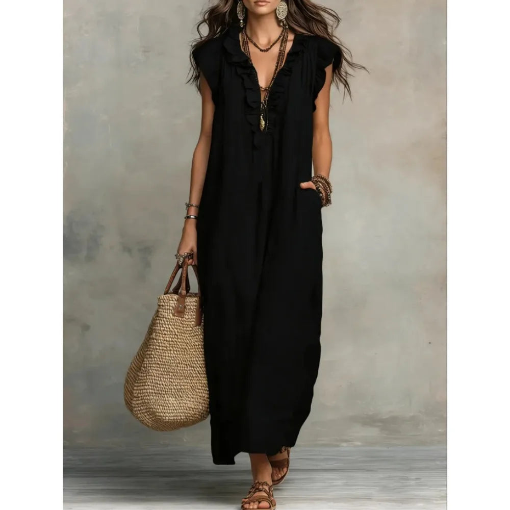 Women's Retro Bohemian Ruffle Linen Maxi Dress, Ruffle V-Neck Sleeveless Loose Summer Dress with Pockets, Summer Casual High-Waist Loose Beach Maxi Dress, Sunny Dress with Flutter Sleeves and Floor-Length Skirt