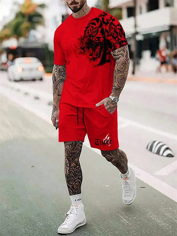 2024 New Crew Neck Short Sleeve T-shirt Fashion Shorts Set 3D Lion Print Short Sleeve Shorts 2-piece Men's Summer Sports Set