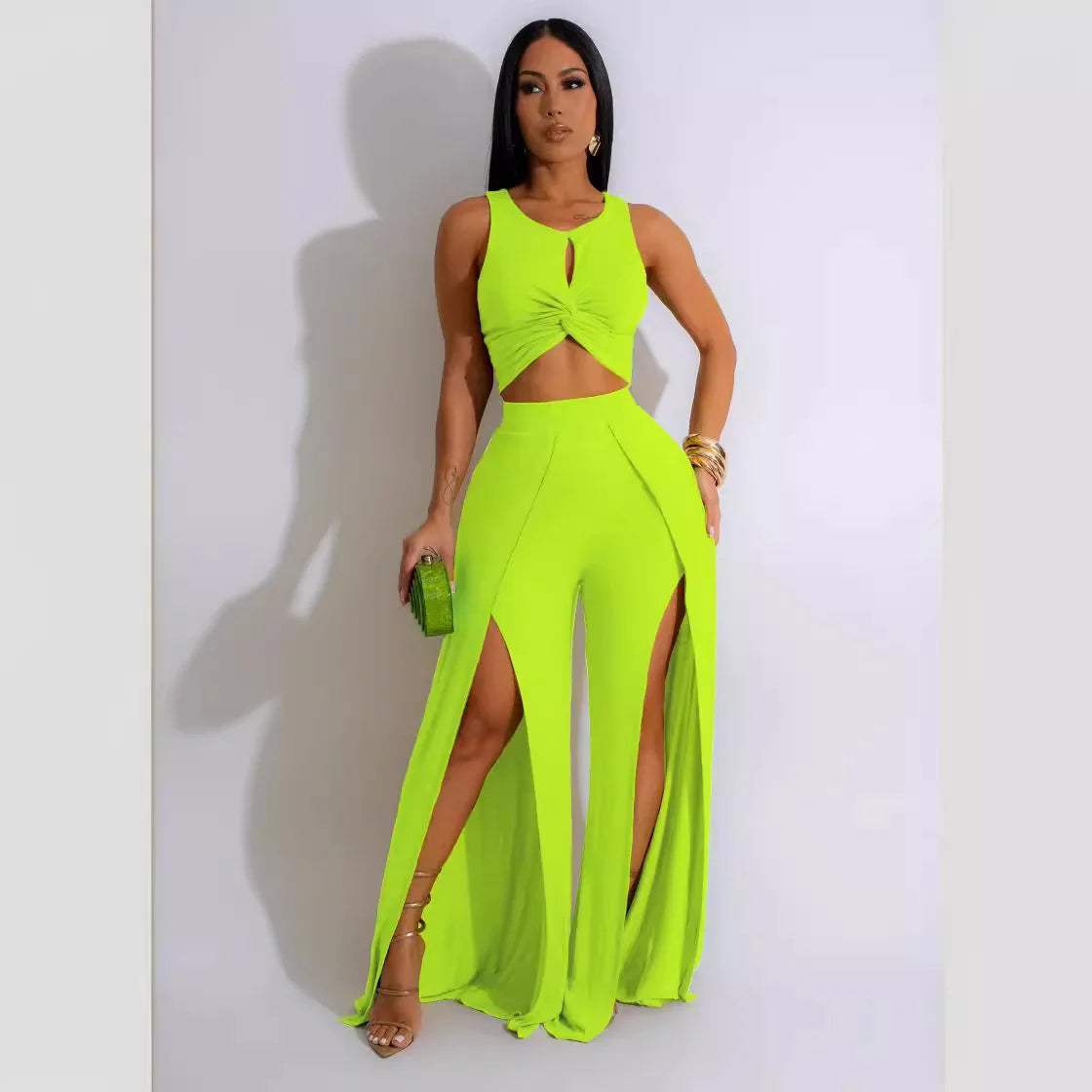 Summer Fashion Street Two Piece Set Women Sexy Solid Sleeveless Top Split Wide Leg Pants Two Piece Set Women