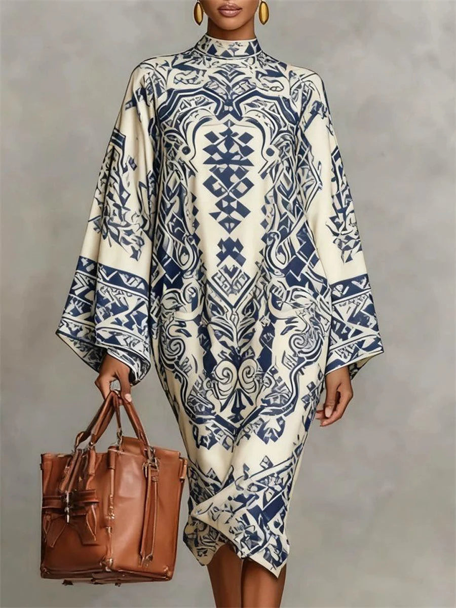 UOOZEE 2026 New Women Vintage Tribal Printed High Neck Party Dress Batwing Sleeves Loose Elegant Evening Church Mini Dresses