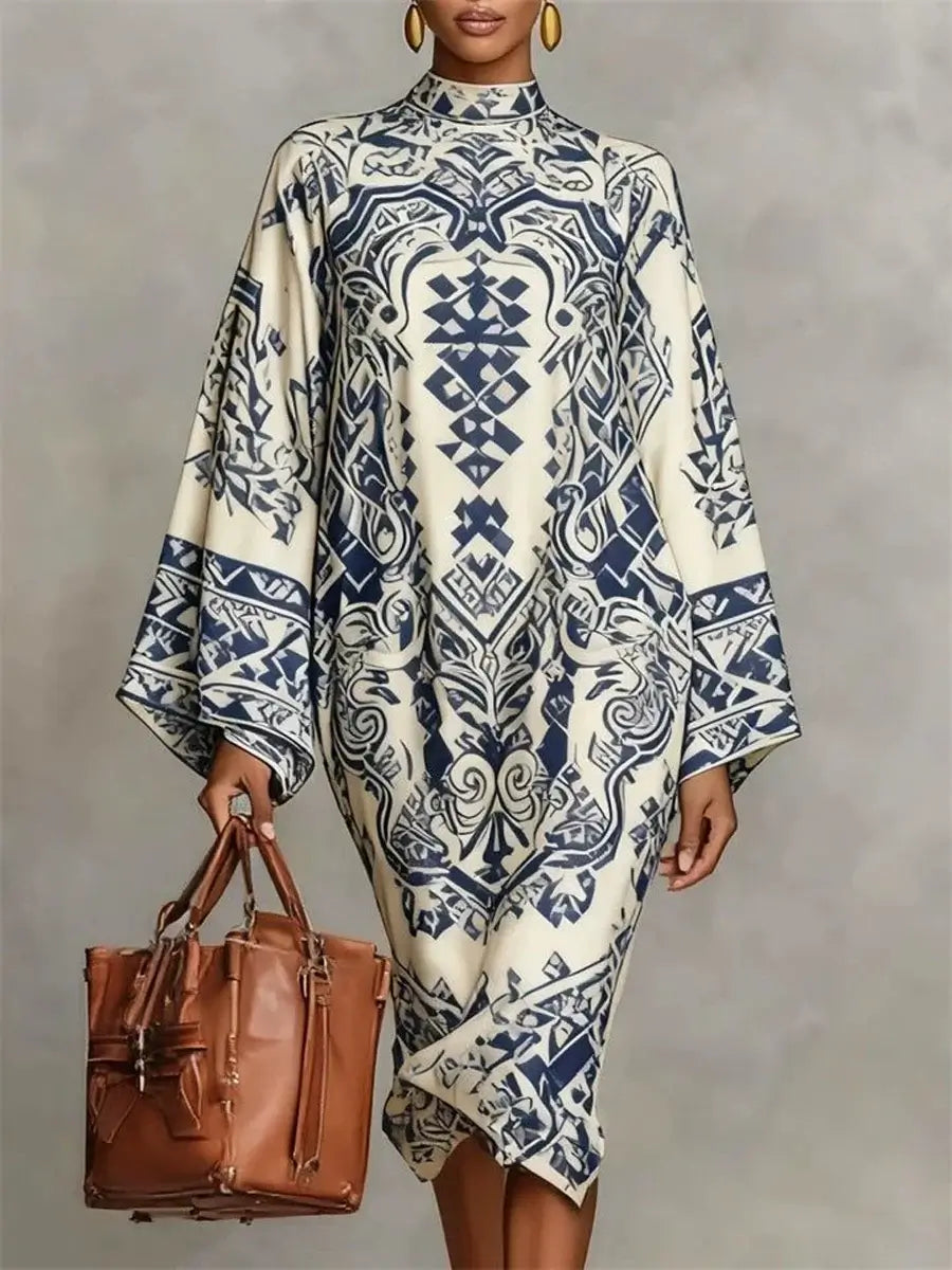 UOOZEE 2026 Neues Damen Vintage Tribal Bedrucktes Partykleid mit hohem Kragen, Fledermausärmeln, locker, elegant, Abend, Kirche, Minikleider