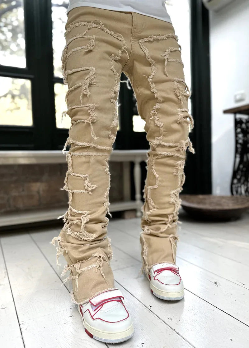 New Fashion Stretch Jeans Man Stacked Jeans Elastic Waist Straight Fit Patchworks Denim Long Pants Fringe Ripped Jeans For Men