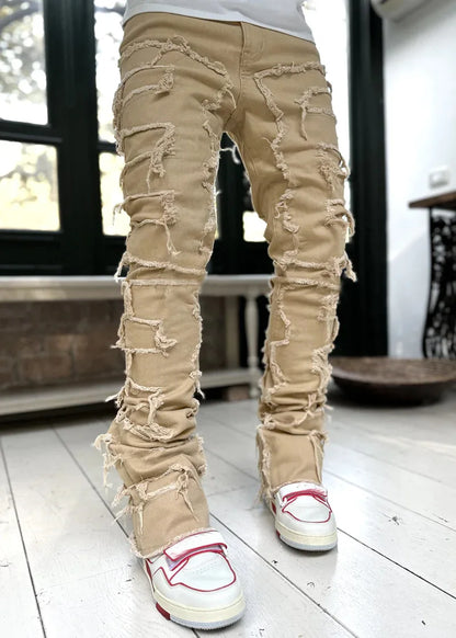 New Fashion Stretch Jeans Man Stacked Jeans Elastic Waist Straight Fit Patchworks Denim Long Pants Fringe Ripped Jeans For Men