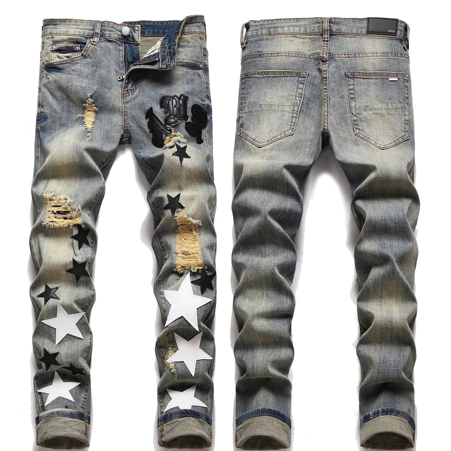 High Quality Men’s Slim-fit Hole Ripped Blue Jeans,Light Luxury Embroidery Decorating Hip Hop Jeans,Stylish Sexy Street Jeans;