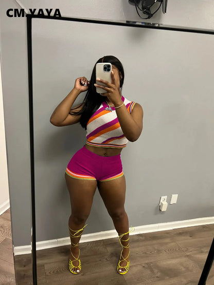 CM.YAYA Knit Ribbed Fashion Women's Set Striped Tank Top and Shorts Suit  Summer Chic Two 2 Piece Set Outfit Tracksuit