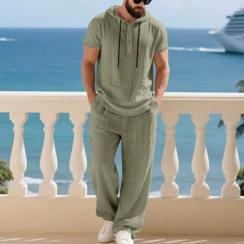 Men's Summer Casual Linen 2 Piece Outfit Short Sleeve Hoodie & Loose Pants Set Breathable Tracksuit for Beach Daliy Streetwesr