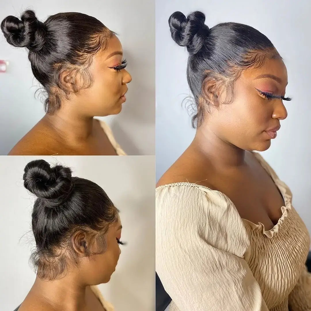 Full 360 HD Lace Frontal Human Hair Wigs PrePlucked For Women Brazilian Bone Straight 13x6 Transparent Lace Front Human Hair Wig styled with a bun.