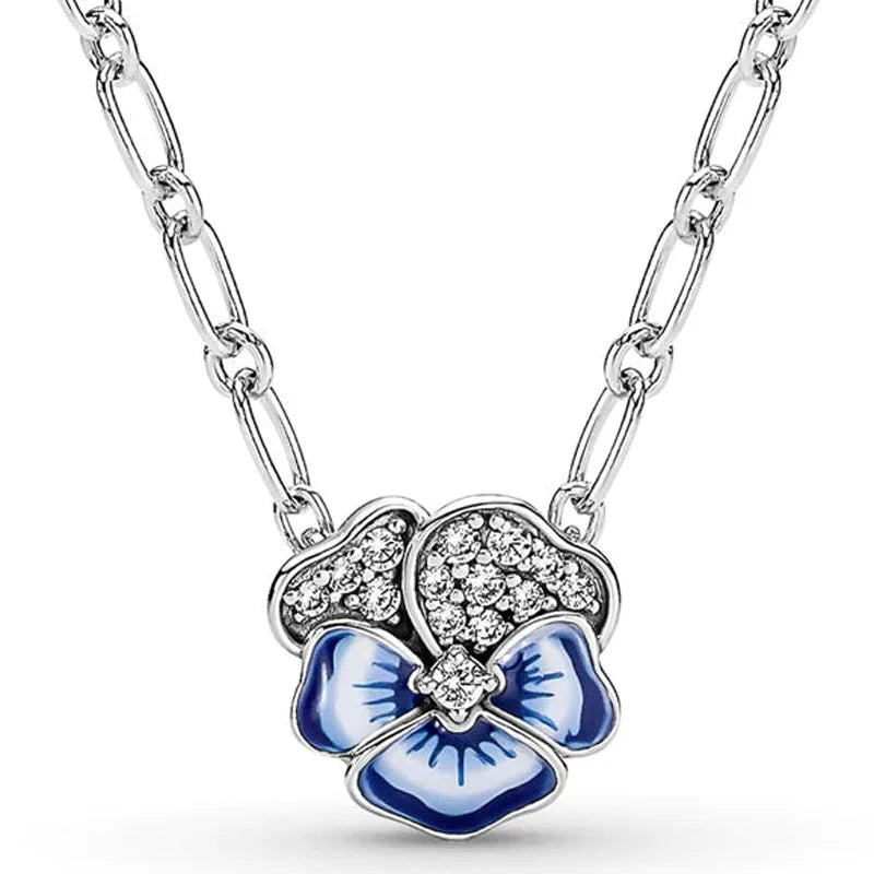 Authentic 925 Sterling Silver Blue Enamel Pansy Flower Earring Necklace With Crystal For Women Jewelry Set Gift