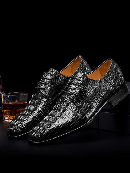 Business Casual Mens Crocodile Skin Genuine Leather Dress Shoes Pointed Toe Lace Luxury British Style Mens Derby Shoes Size 45
