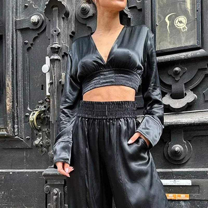 Waytobele Two Piece Set Women's Summer Fashion Solid V Neck Long Sleeve High Waist Pleated Top Loose Pants Sets Streetwear