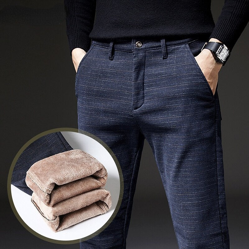 2022 Winter Men&#39;s Fleece Liner Thicken Warm Pants Trendy Elegant Business Casual Plaid Stripe Cotton Slim Fit Trousers New