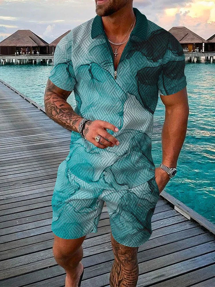 Summer New Trend Men's Tracksuit Casual Zipper Collar 3d Print Polo Shirt Suit 2 Pcs Set Colorful Streetwear Clothing Oversize