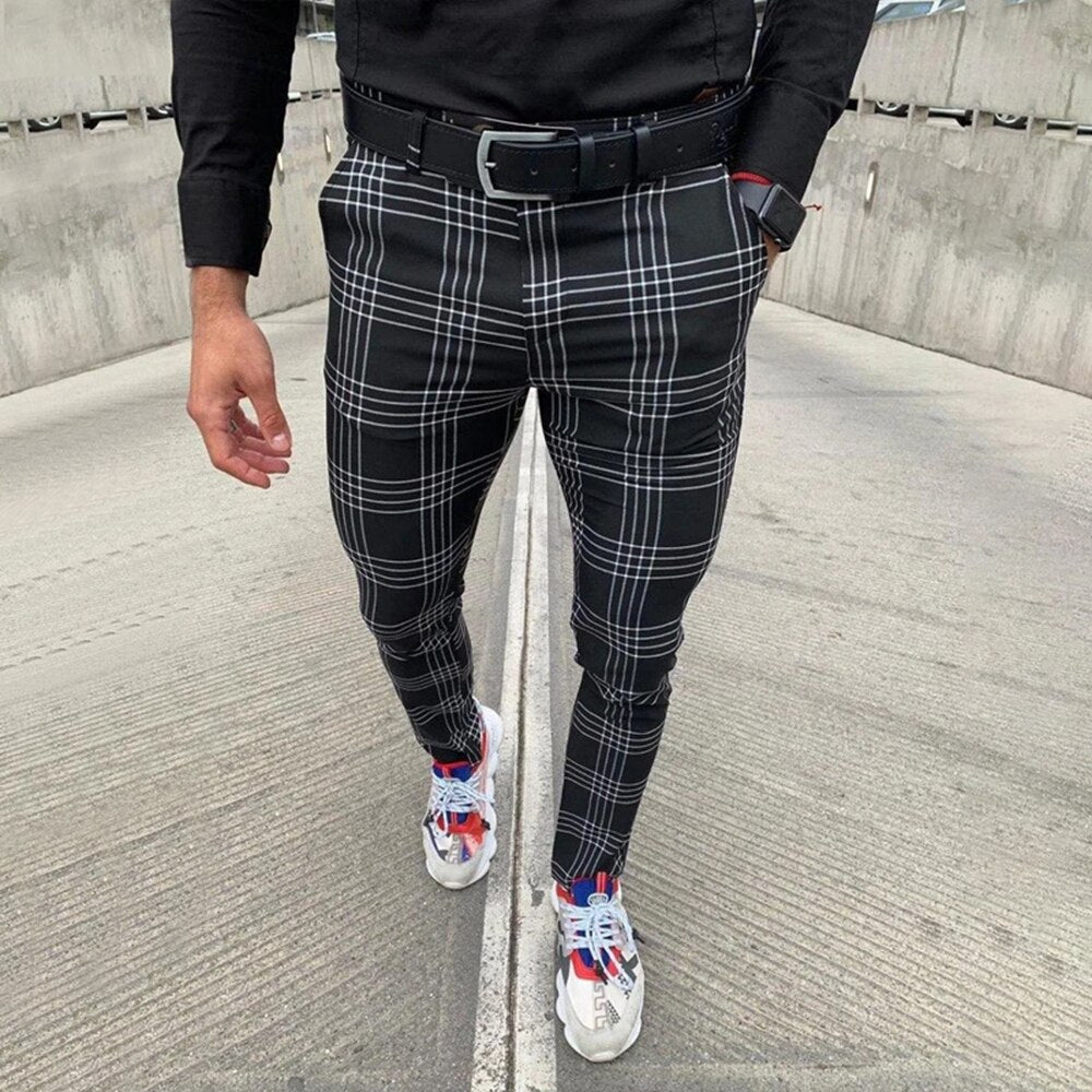 Summer Men&#39;s Casual Pants Plaid Social Stretch Trousers Mid Waist Skinny Business Office Working Party Male Suit Pants Autumn