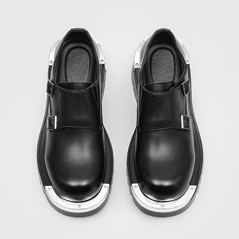 Men Fashion Paris Derby Shoes Punk Style Metal Big Head Double Breasted Decoration New Thick Bottom Height Increase Men's Dress Shoes