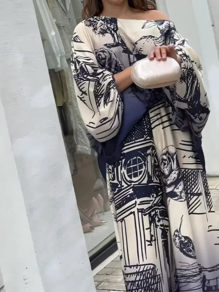 Elegant Adjustable Waist Long Sleeve Print Sets Women Loose Diagonal Collar Tops Pants Suit 2023 Lady Chic High Street Outfit