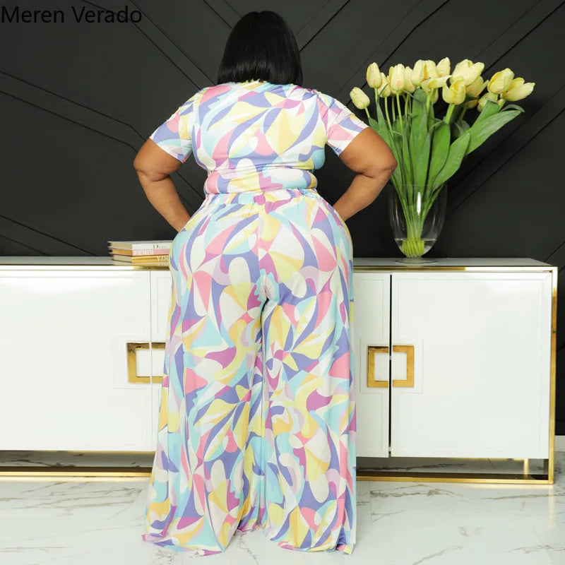 Meren Verado Plus Size Women's Tracksuits Shorts Top and Wide Leg Pants Elegant Two 2 Piece Set Female Sweatsuit 2022