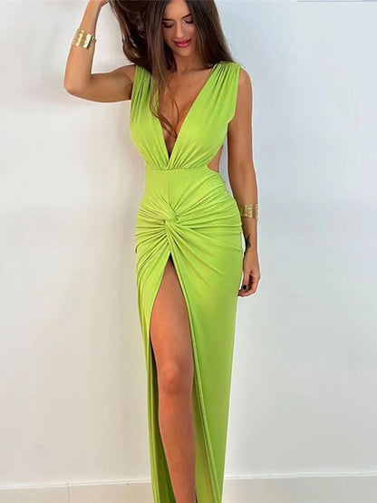 GACVGA  Summer Fashion Ruched Long Dress Sexy Backless V Neck Hight Slit Women Bodycon Party Maxi Dress