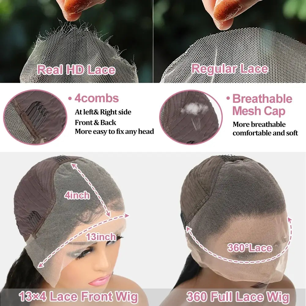 Real HD Lace vs Regular Lace comparison for Full 360 HD Lace Frontal Human Hair Wigs PrePlucked For Women.