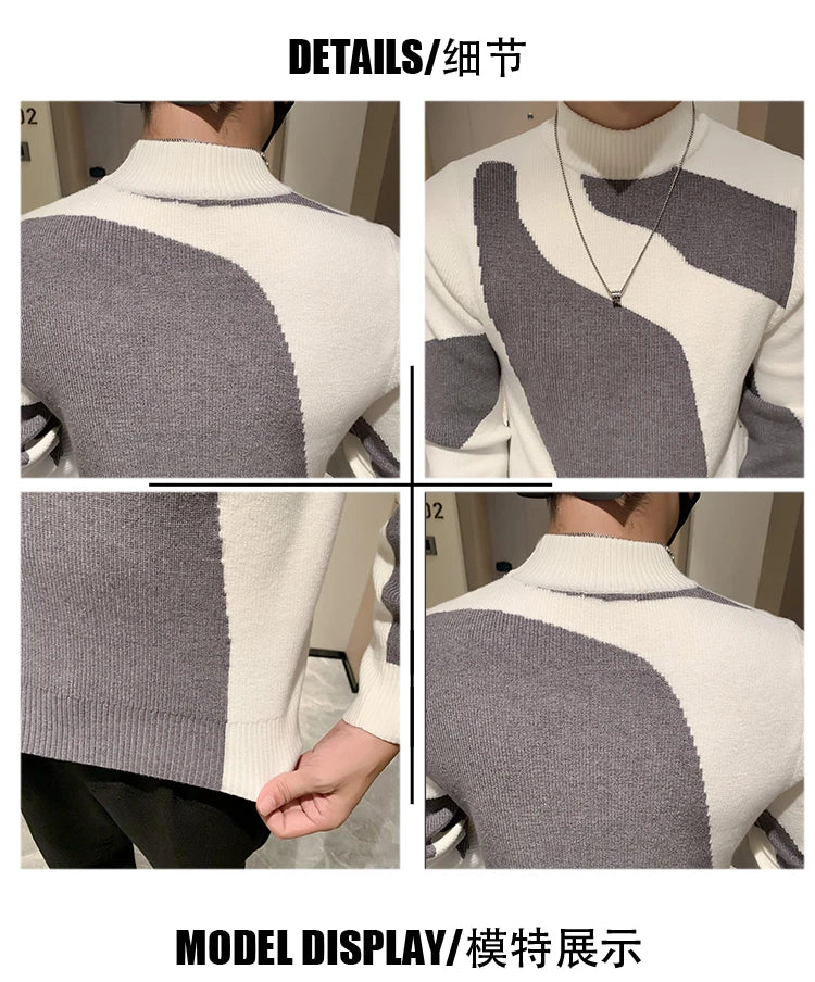 2023 Autumn/Winter Colored Half Turtleneck Sweater Men Long Sleeve Slim Fit Casual Pullover Social Underlying Knitwear Tops