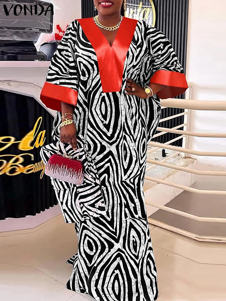 Plus Size 5XL VONDA Vintage Maxi Dresses Women Flare Sleeve Satin Sundress V-Neck Printing Patchwork Long Vestidos Party Robe